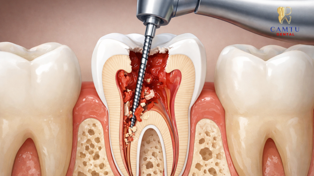Bác sĩ làm sạch ống tủy răng bằng dụng cụ nội nha