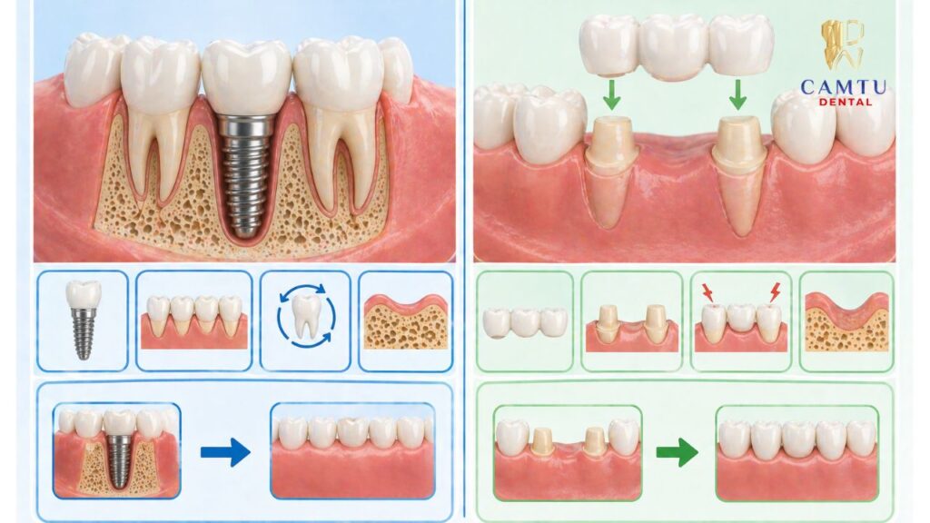 implant khác gì cầu răng sứ